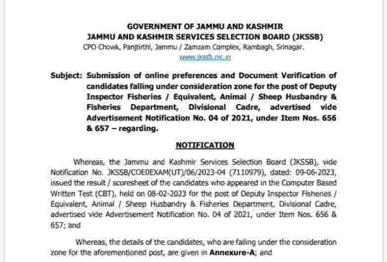 JKSSB Selection List/ Document verification of various posts