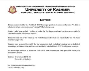 Kashmir University Notification regarding Campus Recruitment 1 Kashmir University Notification regarding Campus Recruitment