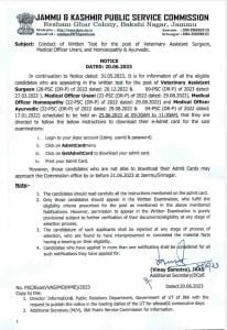 JKPSC Admit card 2023 for Veterinary Assistant Surgeon, Medical Officer posts, download link 1 JKPSC Admit card 2023