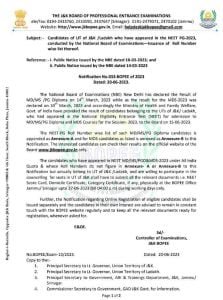 JKBOPEE Issuance of Roll Number wise list for candidates appeared in the NEET PG-2023