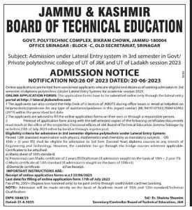 JKBoTe Admission Notice under Lateral Entry system in 3rd semester 1 JKBoTe Admission under Lateral Entry system in 3rd semester