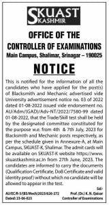 SKUAST Kashmir Recruitment 2023 for Blacksmith & Mechanic posts 1 SKUAST Kashmir Recruitment 2023