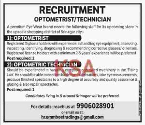 Optometrist/Technician Job Vacancies in Srinagar 1 Optometrist/Technician Job Vacancies in Srinagar
