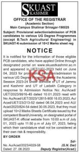 SKUAST Provisional selection/admission of PCB candidates to various UG Degree Programmes 1 SKUAST Provisional selection/admission of PCB candidates to various UG Degree Programmes