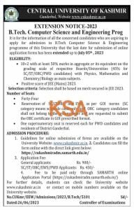 Central University of Kashmir Admission notice for B.Tech Computer Science And Engineering Programme