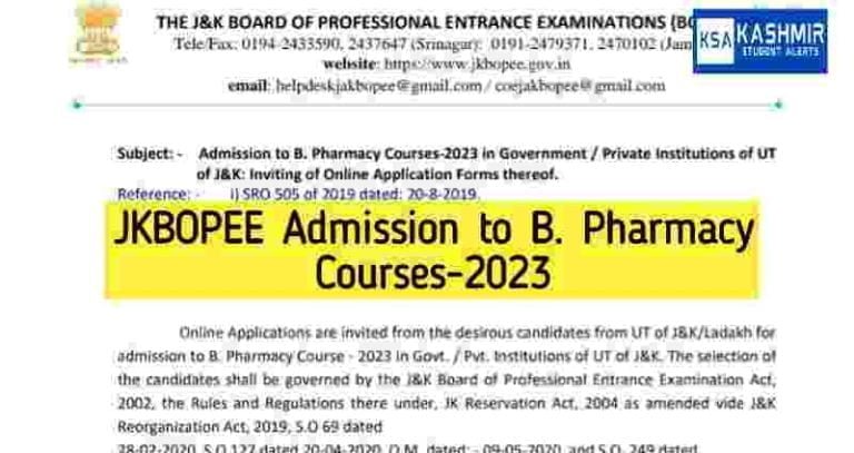 JKBOPEE Admission to B. Pharmacy Courses 2023