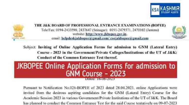 JKBOPEE Online Application Forms for admission to GNM (Lateral Entry) Course – 2023