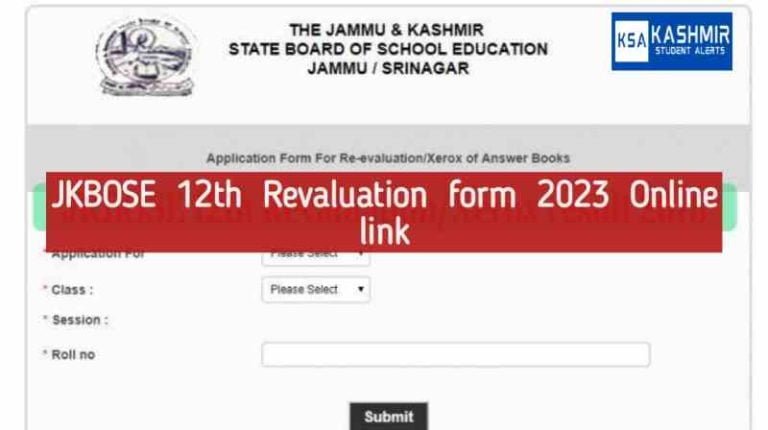 JKBOSE 12th Revaluation form 2023 Apply online, Last Date, fee