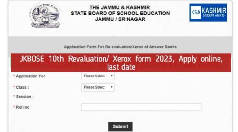 JKBOSE 10th Revaluation/ Xerox form 2023, Apply online, last date