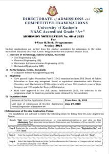 Kashmir University Admission Notification For 4-Year B.Tech Programmes Session-2023