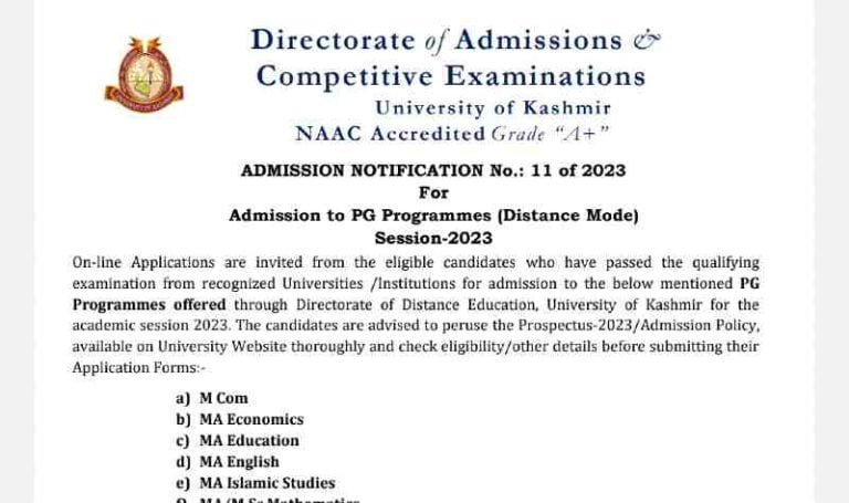 Kashmir University Admission to PG Programmes (Distance Mode) Session-2023