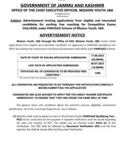 *Parvaaz Scheme JK Youth 2023 | Free Coaching For IAS/JKAS Exams, Apply Online