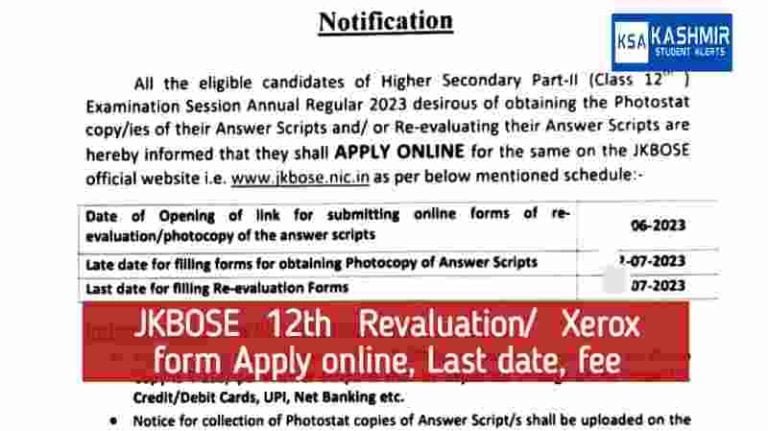 JKBOSE 12th Revaluation/ Xerox form Apply online, Last date, fee
