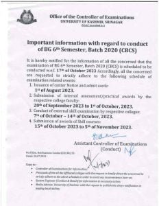 Kashmir University BG 6th Semester Exam, Admit card link, Centre Notice 1 Kashmir University BG 6th Semester Exam, Admit card link, Centre Notice