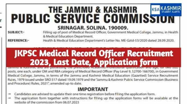 JKPSC Medical Record Officer Recruitment 2023, Last Date, Application form