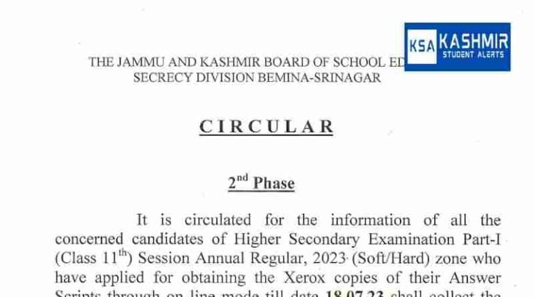 JKBOSE Phase II for collection of Photocopy of Answer Scripts for class 11th