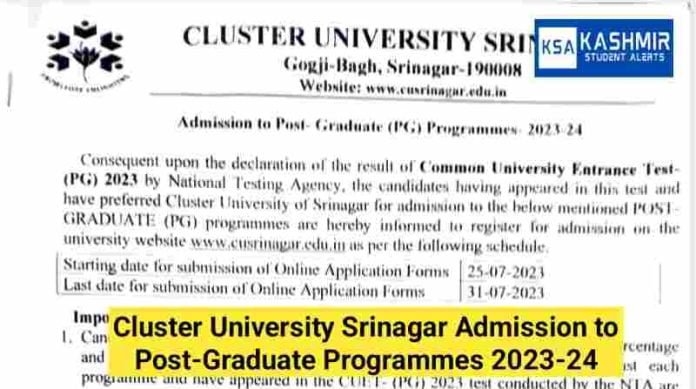 Cluster University Srinagar Admission to Post-Graduate Programmes 2023-24