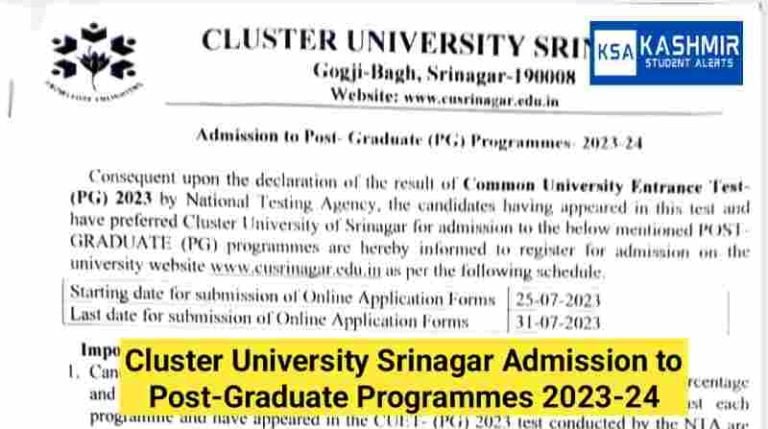 Cluster University Srinagar Admission to Post-Graduate Programmes 2023-24