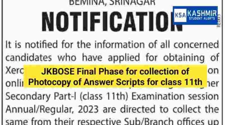 JKBOSE Final Phase for collection of Photocopy of Answer Scripts for class 11th