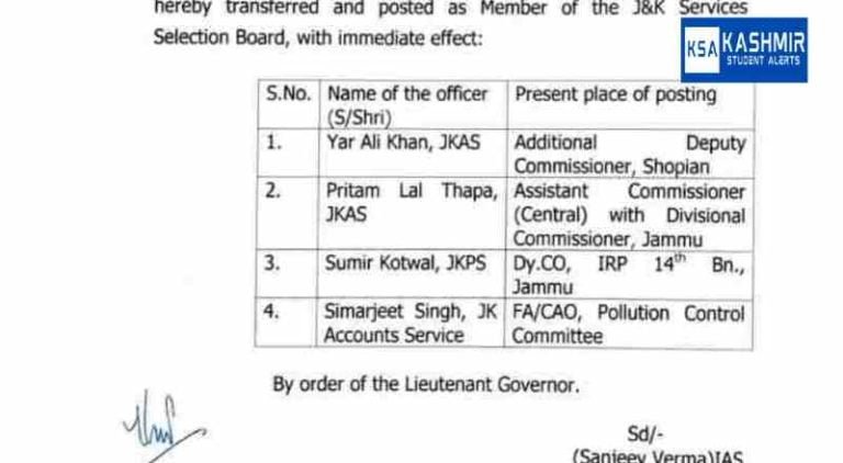 Transfers and postings of JKAS officers, read order here