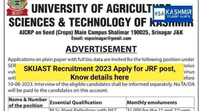 SKUAST Recruitment 2023 Apply for JRF post, Know details here