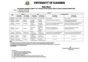 Kashmir University Date sheet for BG 1st, 2nd, 3rd, 4th, 5th and 6th semesters
