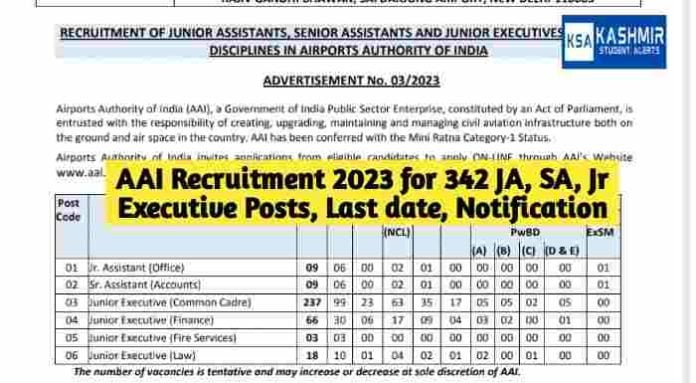AAI Recruitment 2023 for 342 JA, SA, Jr Executive Posts, Last date, Notification