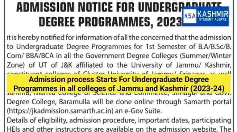 Admission process Starts For Undergraduate Degree Programmes in all colleges of jammu and Kashmir (2023-24)