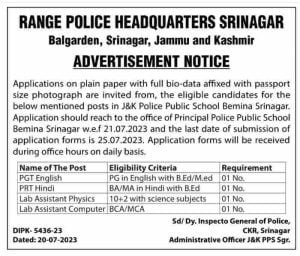 Range Police Headquarters Srinagar Advertisement Notice, Apply for various vacancies