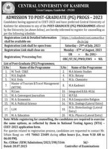 CUK Admission To Post Graduate (PG) Programmes–2023