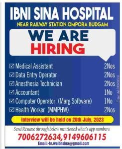 IBNI SINA HOSPITAL Jobs Recruitment 2023, Apply for various vacancies