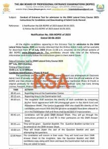 JKBOPEE Entrance Test for admission to the GNM Lateral Entry Course 2023