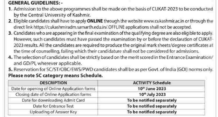 Central University Of Kashmir Admission Test 2023