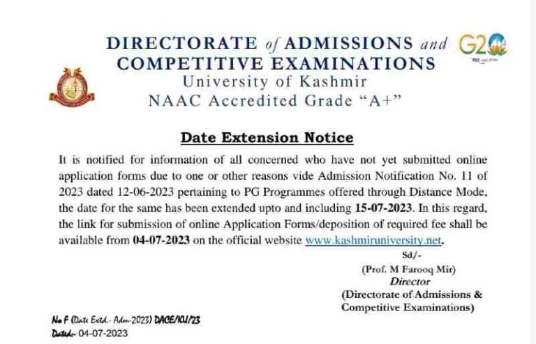 Kashmir University PG programmes 2023, Application form Submission deadline extended