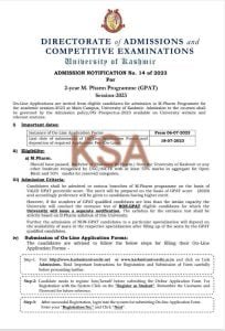 KU Admission Notification No. 14 of 2-year M. Pharm Programme (GPAT) Session-20234
