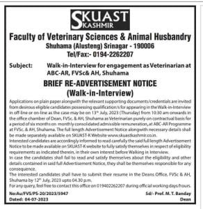 SKUAST Recruitment 2023, Walk-in-Interview Notification 1 SKUAST Recruitment 2023, Walk-in-Interview Notification