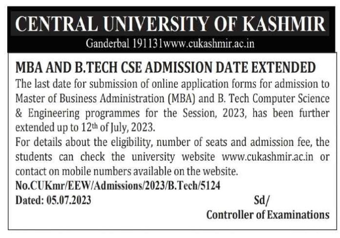 Central University of Kashmir MBA and b.tech cse admission date extended