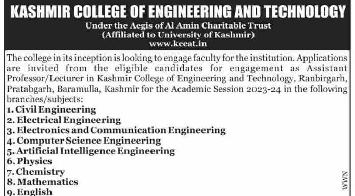 Kashmir College of Engineering and Technology jobs recruitment 2023