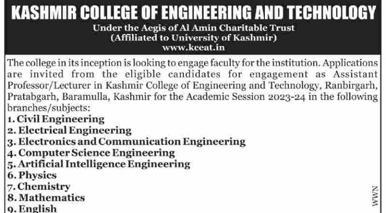 Kashmir College of Engineering and Technology jobs recruitment 2023