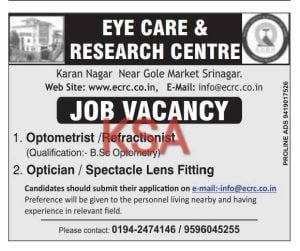 Eye Care & Research Centre Srinagar Recruitment 2023, Apply for various vacancies