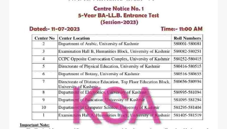 KU: Centre Notice 5-Year BA-LL.B. Entrance Test (Session-2023)
