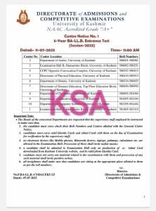 KU: Centre Notice No. 1
5-Year BA-LL.B. Entrance Test
(Session-2023)