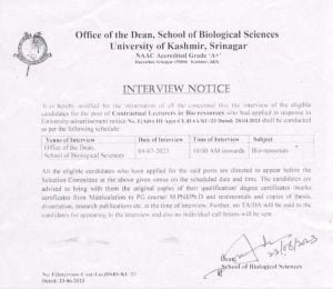 University Of Kashmir Recruitment 2023, Interview Notice