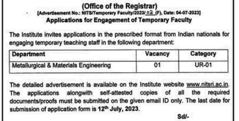 National Institute of Technology Srinagar Jobs Recruitment 2023, Apply here