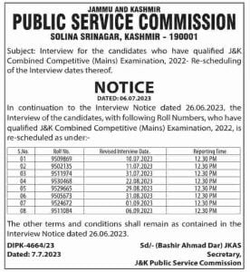 JKPSC Revised Interview date for J&K Combined Competitive (Mains) Examination, 2022