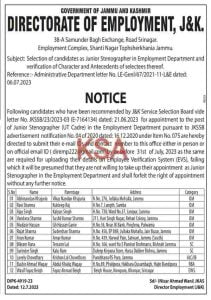 Directorate Of Employment J&K Junior Stenographer selection list