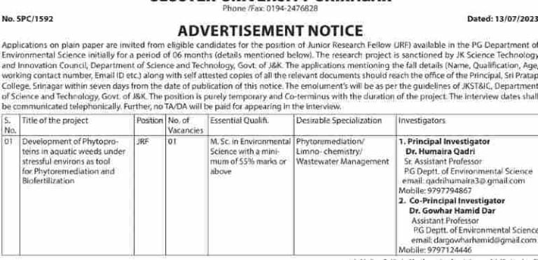 SRI PRATAP COLLEGE Srinagar Jobs Recruitment 2023, Qualification, vacancy