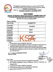 JKBOSE JKSOS 10th Class Date Sheet Annual Private 2023
