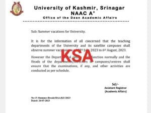 Kashmir University Summer Vacation Announced for Main and Satellite Campuses 1 Kashmir University Summer Vacation Announced for Main and Satellite Campuses