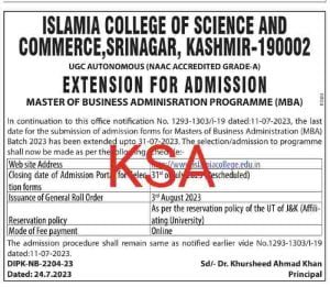 Islamia College Of Science And Commerce Srinagar MBA Admission notification 1 Islamia College Of Science And Commerce Srinagar MBA Admission notification